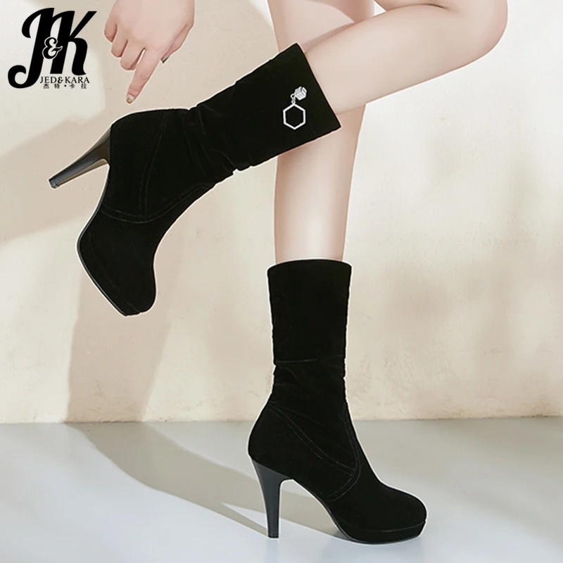 

JK High Heels Mid-Calf Boots Women Flock Boot Ladies Crystal Shoes Female Round Toe Shoes Female Platform Shoes Winter 2020 New