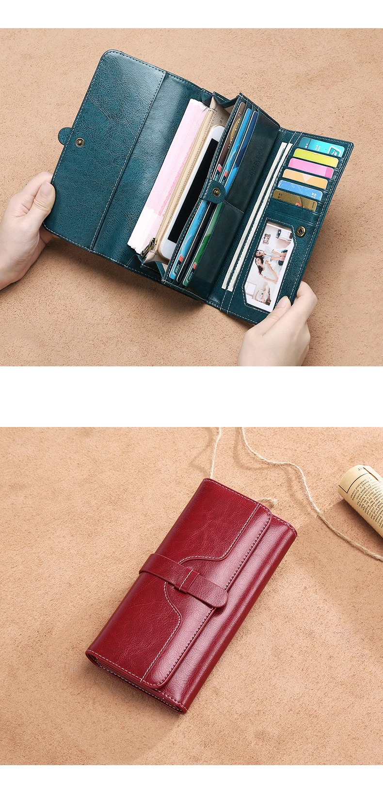 Высококачественный Женский кошелек из коровьей кожи, бумажник на кнопке для женщин, большая вместительность, винтажные женские кошельки для IPhone 8