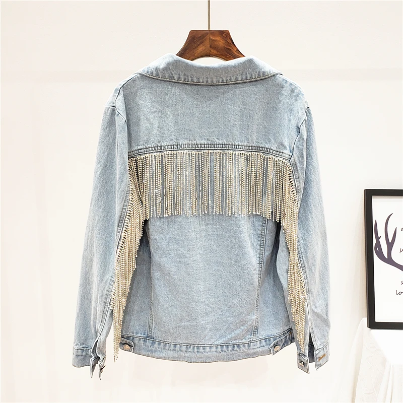 

Spring Autumn Streetwear Denim Jacket Coat Women Luxury Heavy Water Drill Chain Tassel Pendant Water Denim Jacket Loose Outwear