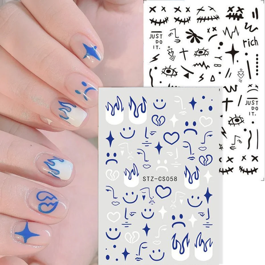 18g Artistic Line Pattern Nail Tips Abstract Face Series Cartoon Color  Block Nail Art Stickers Easy To Wear Removal - AliExpress