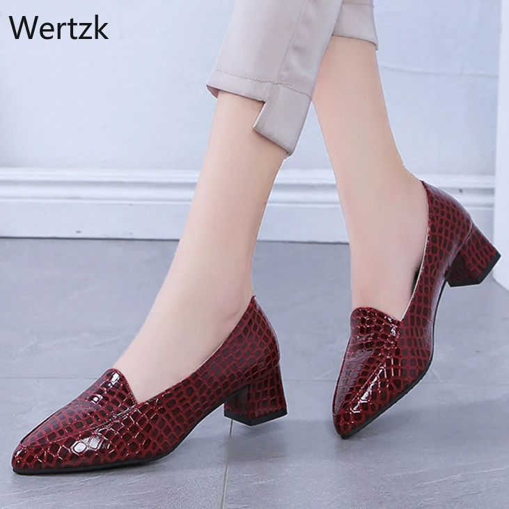 

Plus Size Ol Office Lady Shoes Women High Heels Dress Shoes Patent Leather Snake Pattern Pumps chunky Heels zapatos mujer A347