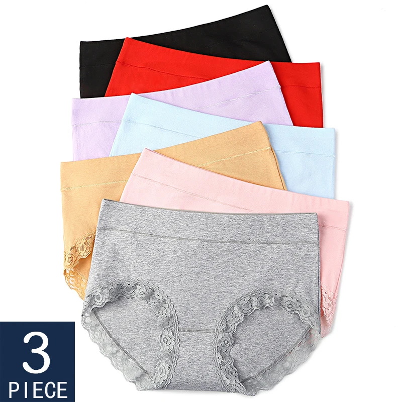 

3 PCS Women Pure Cotton Panties Mid-Waist Seamless Briefs Sexy Lace Underwear Female Solid Color Knickers Breathable Plus Size