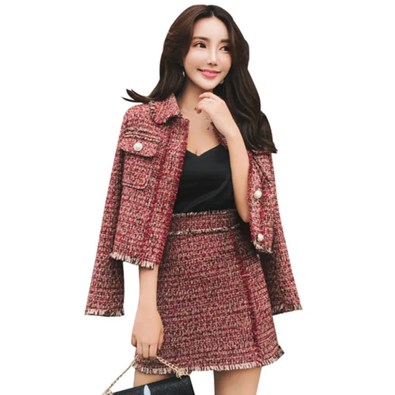 

2019 Women Skirt Sets Winter Europe Ladies Tassel Woolen Tweed Jacket + Short Skirt Suits Elegant Two Piece Womens Clothing Sets