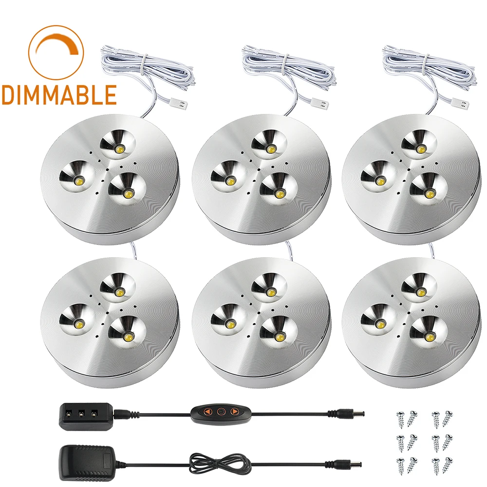

3W 1800lm Dimmable LED Puck Lights 3000K Warm White Under Cabinet Lighting Kit with 10 Levels Brightness Switch, 6 pack