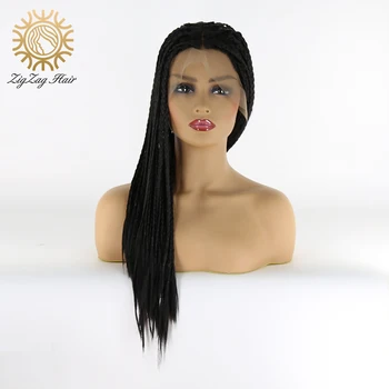 

ZigZag Black Braided Wigs Synthetic Lace Front Wig Slit Parting Braids Hair Handmade Micro Braids for African American Women
