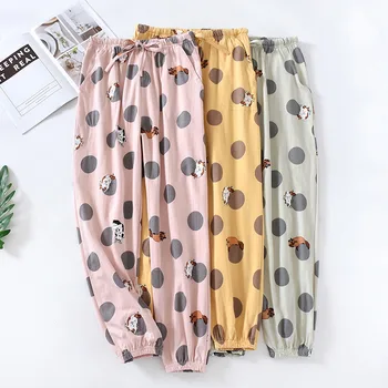 

100% Cotton Cartoon Dot Print Women Homewear Pants Elastic Waist Belt Female Pajama Pant 2020 Autumn Sweet Ladies Home Clothes