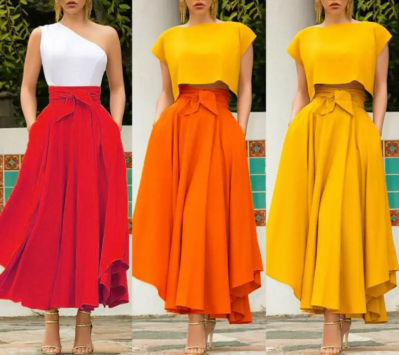 Women's Solid Color High Waist A Line Skirt Fashion Slim Waist Bow Belt Pleated Long Maxi Skirts Red Orange Yellow