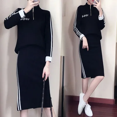 

Oshangchaopin Autumn Skirt Clothes Set Zip Letters Casual Knitted Sport Tops+Elastic Waist Split Skirt Set Knitwear Female Suits