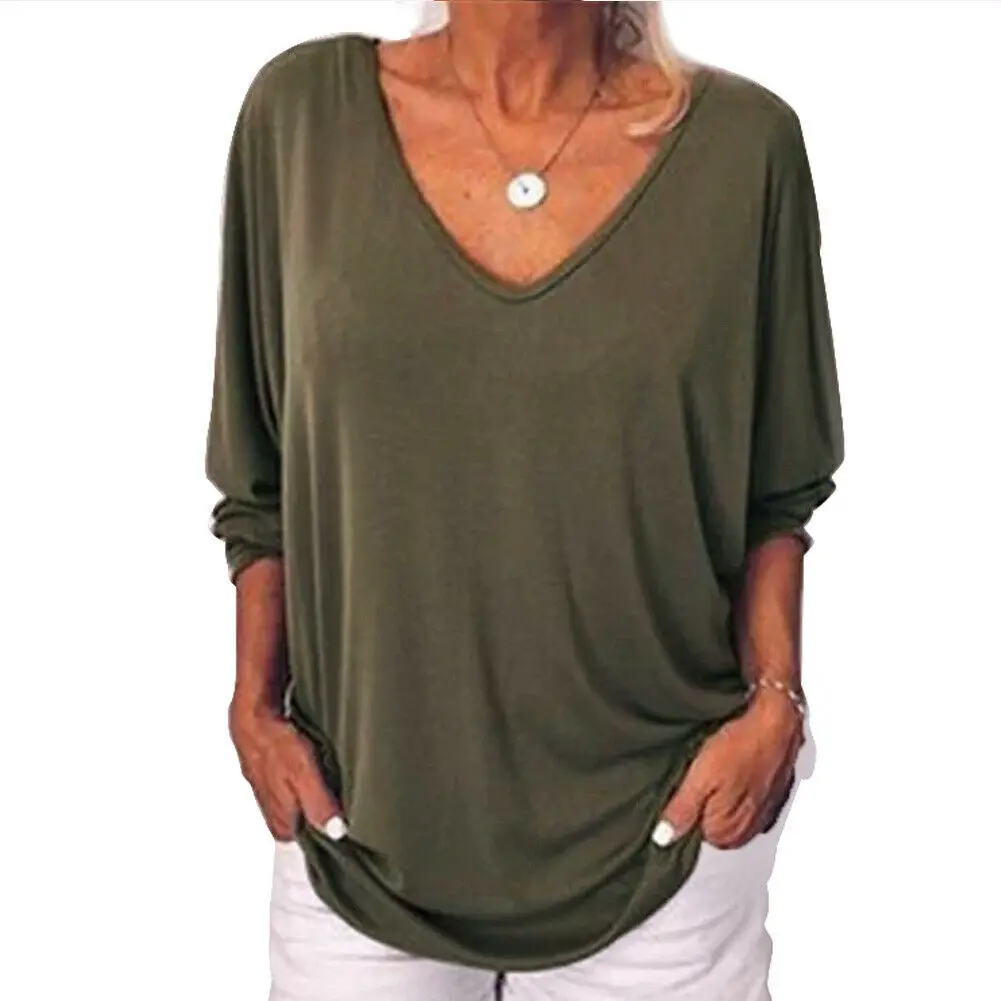 

1PC 4 Color Autumn Lady Womens Loose 3/4 Sleeve Back Buttons T Shirts Plus Size V Neck Solid Top Blouse back button design