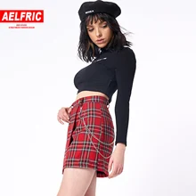Aelfric Vintage Red Plaid Mini Skirts Chain Womens Fashion Harajuku Casual Streetwear Hip Hop Femme Short Straight Skirts