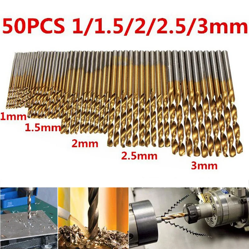 

50Pcs HSS Titanium Coated Drill Bits High Speed Steel Drill Bit Set High Quality Power Drilling Tools for Wood 1/1.5/2/2.5/3mm