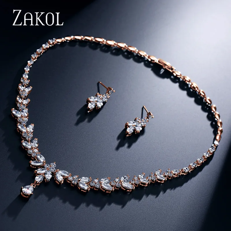ZAKOL простой модный белый цвет AAA+ CZ циркония лист серьги ожерелье набор для женщин Свадебные Ювелирные наборы FSSP180
