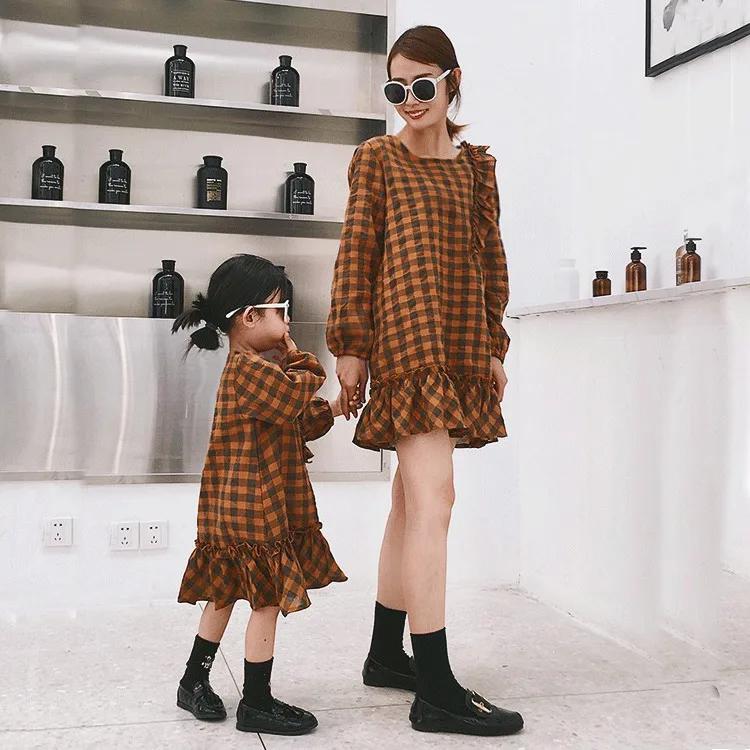 Brand Family Clothing Matching Mother And Daughter Clothes Plaid Dresses Long Sleeve Outfits Casual Dress New | Мать и ребенок