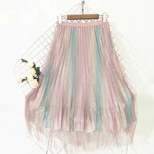 Радужный светильник, шелковая пряжа, юбки для девочек, Женская феи, осень, новинка, длинная Плиссированная юбка, вуаль, 8192