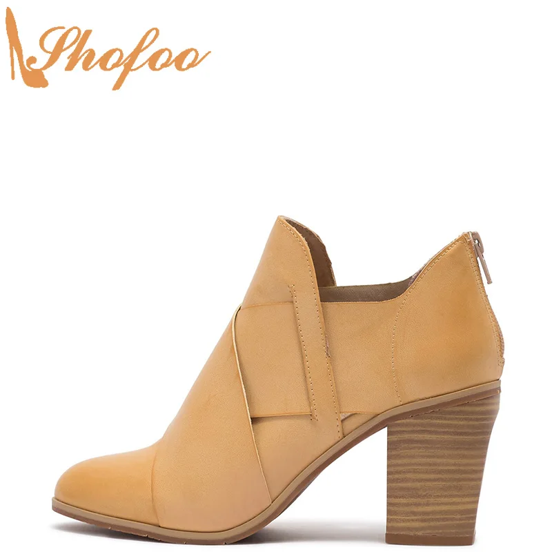 

Brown Cross Strap Vamp Woman Ankle Boots High Chunky Heels Almond Toe Booties Large Size 13 16 Lady Fashion Mature Shoes Shofoo