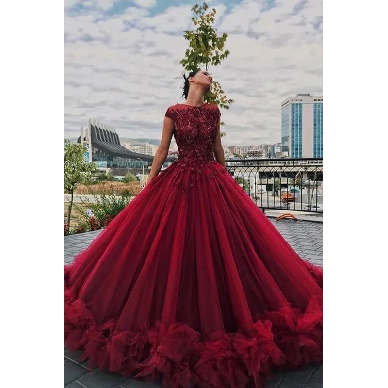 Burgundy Puffy Luxury Prom Dresses O Neck Appliques Tulle Ruffles Ball Gown  Women Long Elegant Evening Gowns Custom Made 2025 - AliExpress 320