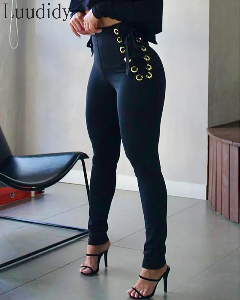 Women High Waist Eyelet Lace up Tied 