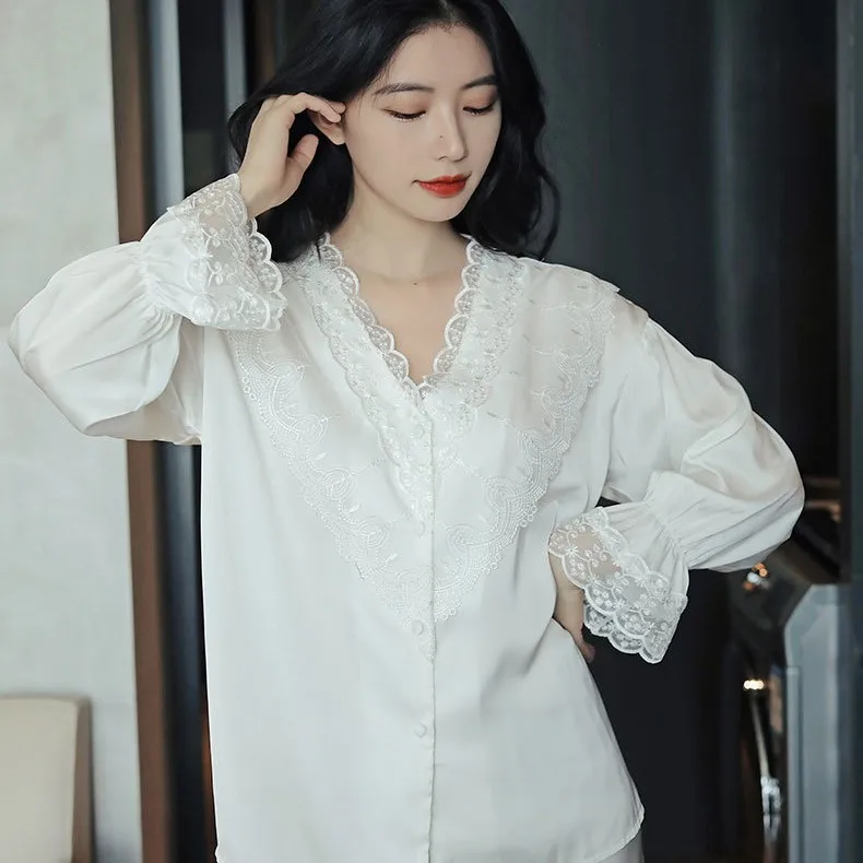 Lace Pj's 2PCS Sleepwear Women Satin Pajamas Suit Summer Pyjamas Casual Intimate Lingerie Long Sleeve Shirt&Pants Lounge Wear