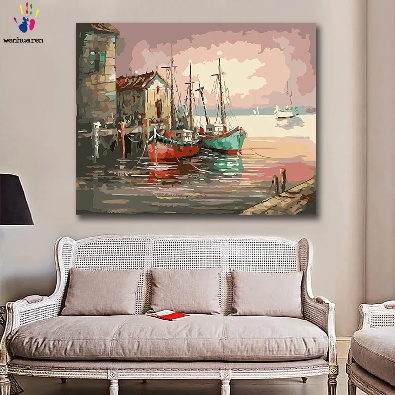 

Diy paint by numbers picture paintings by numbers with kits Seascape drawing Moving scenery Decorative hanging painting gift