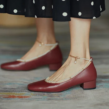 

Genuine Leather Mary Janes Shoes For Women Bridal high heel Woman Pumps Square Toe Pearl Shallow Women shoes For Dancing Party