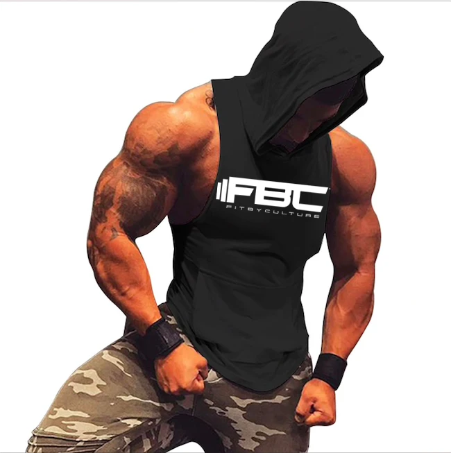 

Men Fitness Gym Muscle Printing Bodybuilding Workout Sleeveless Hoodies Tank Top High Quality Cotton