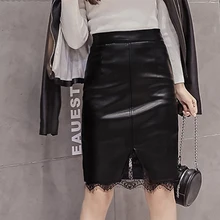 Женская юбка из искусственной кожи, с цветочным кружевом, с высокой талией, на молнии, с разрезом по колено, юбка миди, элегантная одежда для вечеринок, черные юбки для женщин