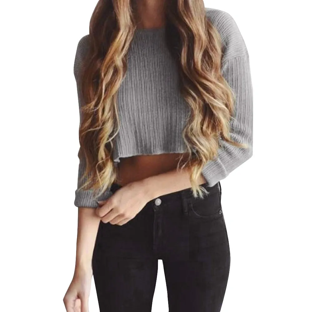 

Autumn Fashion Solid Knitted Blouse Crop Top Casual Basic Tee Tops Female Women's Long Sleeve Shirt Blusas Pullover korean