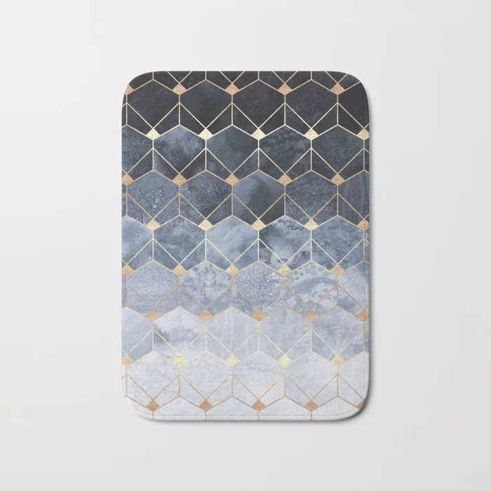 

HOT Bathroom Rugs Blue Hexagons And Diamonds Bath Mat Flannel Absorbent Non Slip Doormat for Entrance Door