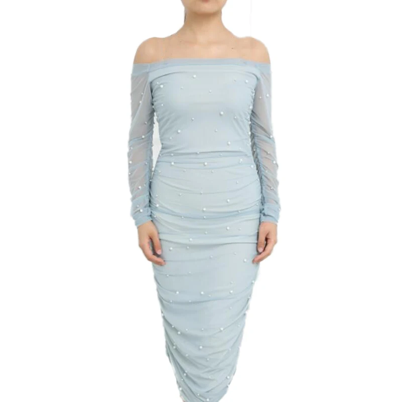 Billige Off schulter geraffte bodycon kleid Frauen Perlen perlen dünne kleider Sommer sheer mesh langarm sexy kleid 2019 Vestidos