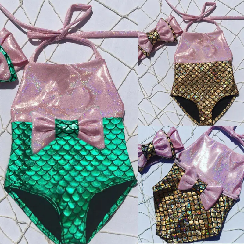 Kids Baby Girl Mermaid Swimwear One-piece Bow Bikini Swimsuit Headband Bathing Suit Beachwear Swimming Costume