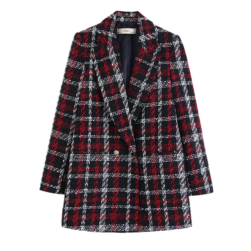 

OMIKRON Vintage Single Breasted Plaid Women Blazer Pockets Jackets Female Suits Coat Feminino blazers Outerwear high quality
