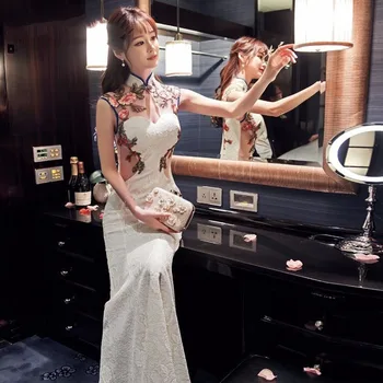 

Elegant White Mermaid Qipao Women Bride Wedding Dress Sexy Slim Lace Prom Dress Hollow Sleeveless Evening Party Dress Vestidos