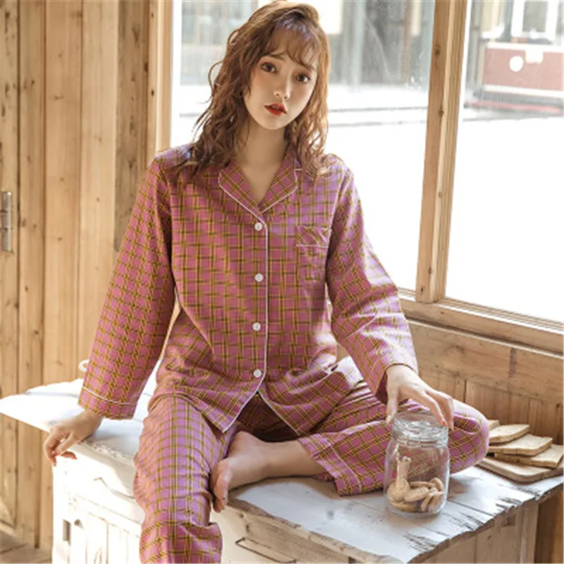 

Herislim Cotton Pajama Set Women Elegant Plaid Shirts And Trounsers 2 Pieces Button Up Pyjamas Autumn Winter Sleepwear Homewear
