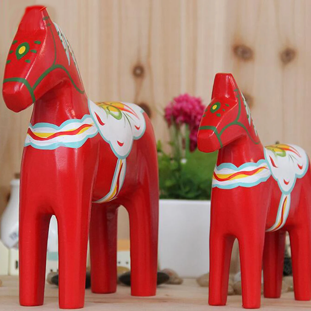 1 Pair Traditional Wooden Swedish Dala Horse , Hand-painted, Blue/ Red