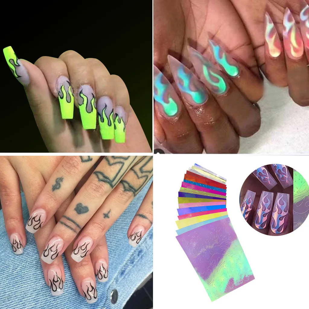 

16PCS Nail Art Stickers Flame Holographic Reflections Tape Adhesive Foils DIY Decoration Nail Art Stickers Flower Water Decal