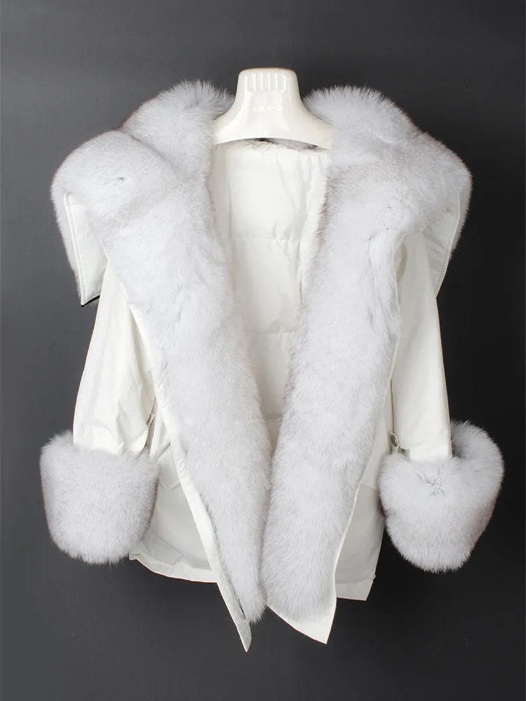 Пальто с натуральным мехом белая куртка-пуховик Женская длинная парка с воротником из натурального Лисьего меха уличная корейская модная зимняя куртка