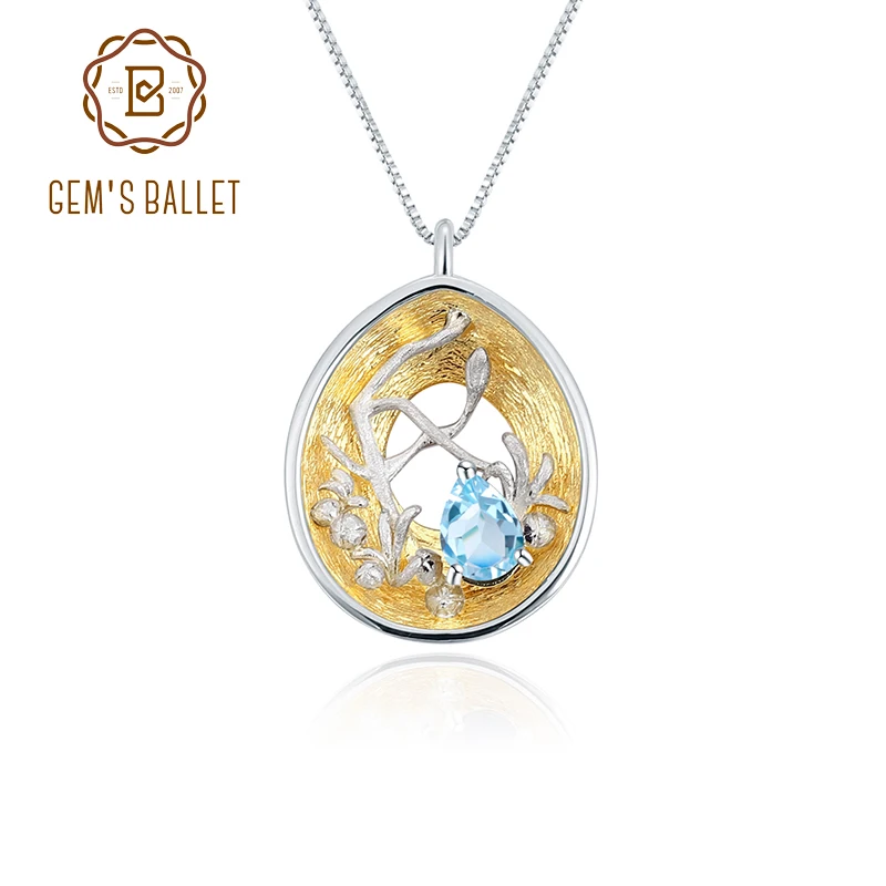 GEM'S BALLET 925 Silver Gold Plated Two Tone Handmade Branch Bud Natural Swiss Blue Topaz Woman’s Statement Pendant Necklace |