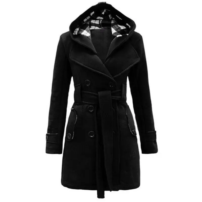 Зимняя женская куртка, новое повседневное одноцветное пальто с капюшоном, пояс, двубортное плотное пальто средней длины, длинное женское пальто, S-3XL - Цвет: Black