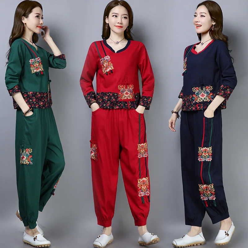 

2019 Spring And Summer New Style Ethnic-Style Cotton Linen Literature And Art Embroidered Joint Loose Tops + Loose Pants Set
