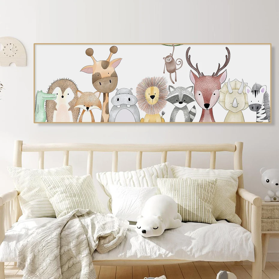 Cartoons Animals Lion Deer Hippo Zebra Canvas Painting Nursery Wall Art Pictures Posters Prints Kids Baby Bedroom Home Decor