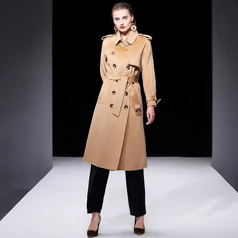 

2019 Winter Korean Fashion High-end Plus Size Water-corrugated Cashmere Overcoat Women Double-sided Wool Pink Long Wool Coat