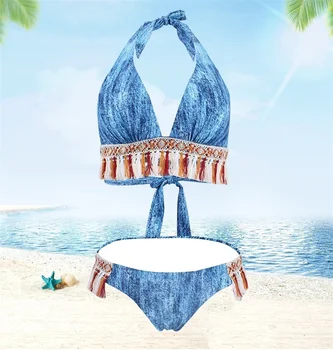 

Sexy Denim Color Bikini Swimwear Women Swimsuit Tassel Hem Bikini Set Bandage Bathing Suits Female Summer Beach Wear Bather
