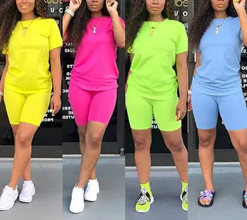 

Two-piece Candy Color Women's Clothing Short-sleeved Crew Neck T-shirt Tight-fitting Shorts Simple Style Tracksuit Outfits