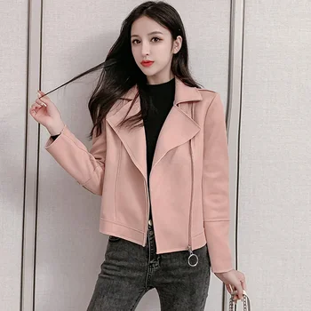 

2020 spring autumn new cropped faux leather jackets women Korean fashion zip up suede jacket ladies