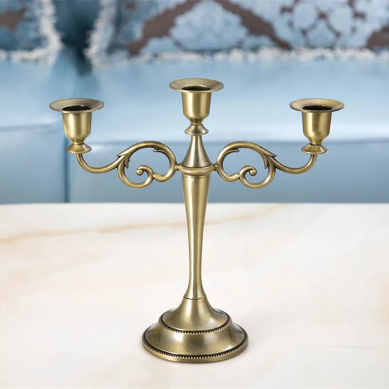 Metal Gold Bronze Plated Candle Holder Retro 3-Arms Candelabra For Wedding Prop Candlelight Dinner Hotel Home Decoration