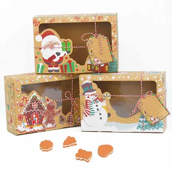 

3pcs Christmas Cookie Boxes With Christmas Tags European Kraft Paper Bakery Candy Box Clear Window For Xmas Party Gifts Packing