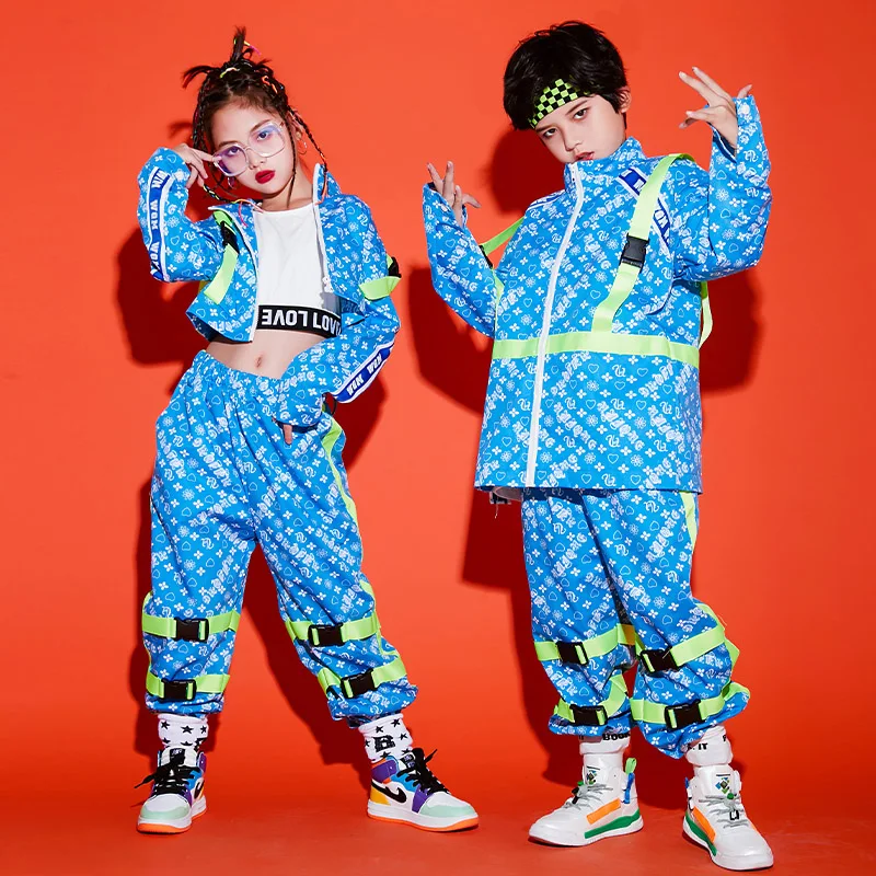 Kids Hip hop Costume Girls Jazz Dance Tops Pants Blue Set Loose Street