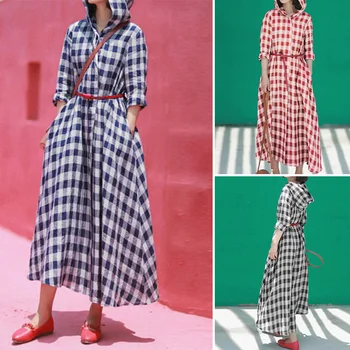 

ZANZEA Elegant Women Maxi Dress Ladies Plaid Check Long Hoodies Vestidos Female Vintage Bohemian Dresses Casual Pockets Sundress
