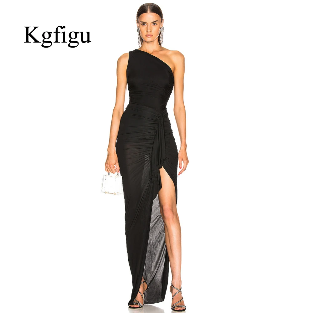 

KGFIGU 2019 New Solid One Shoulder Split Bandage Summer Dress Women Slim Fit Sexy Long Dress Casual Maxi Dress Party