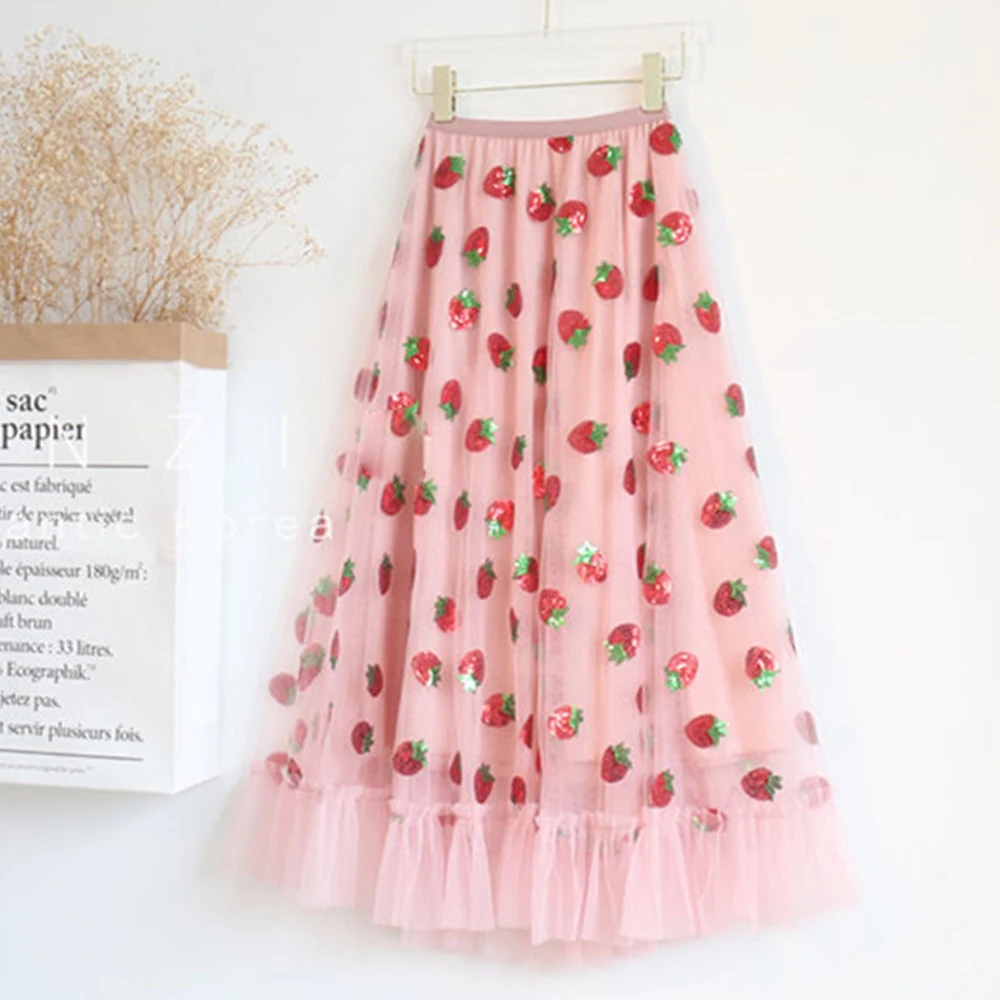 

Mesh sequins strawberry embroidered skirt mid-length summer new style a-line long skirt Vintage Rockabilly Plus Size Women